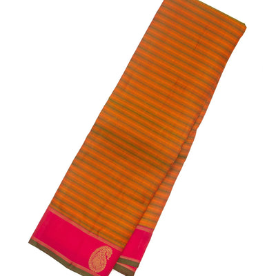 Orange Handloom Kanchipuram Silk Saree With Green Stripes