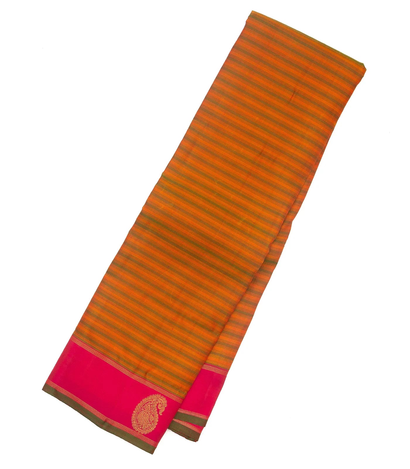 Orange Handloom Kanchipuram Silk Saree With Green Stripes