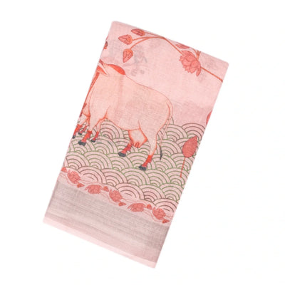 Bubblegum Pink Handloom Linen Saree With Printed Cow Motifs