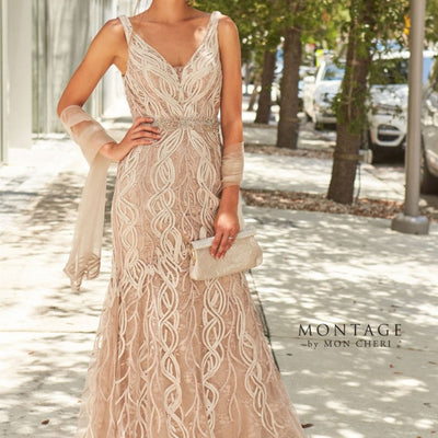 Montage 120921 Long Beaded Lace Metallic Evening Formal Dress