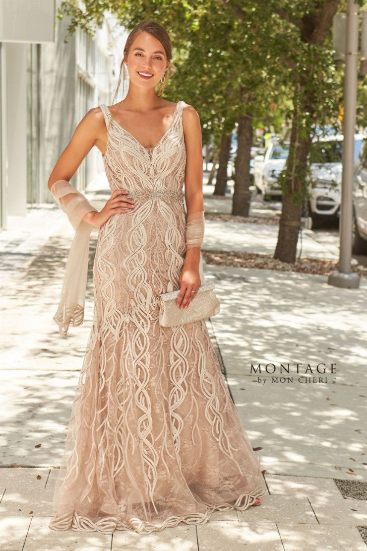 Montage 120921 Long Beaded Lace Metallic Evening Formal Dress