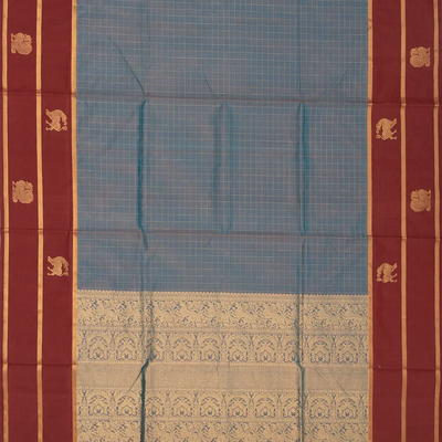 Grey Handloom Silk Cotton Saree With Checks & Maroon Border