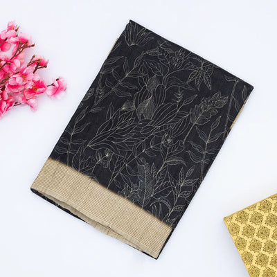 Black Handloom Tussar Silk Saree With Printed Leafy Motifs