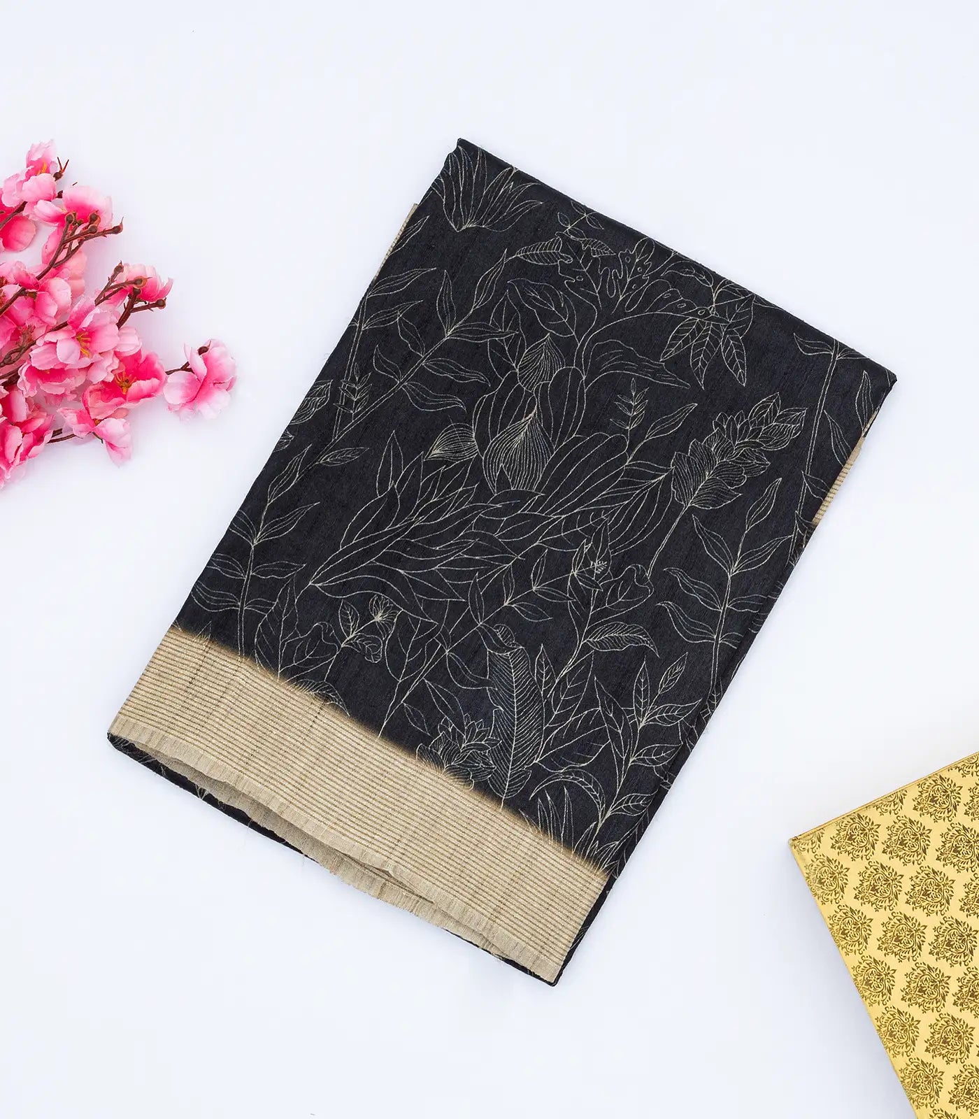 Black Handloom Tussar Silk Saree With Printed Leafy Motifs