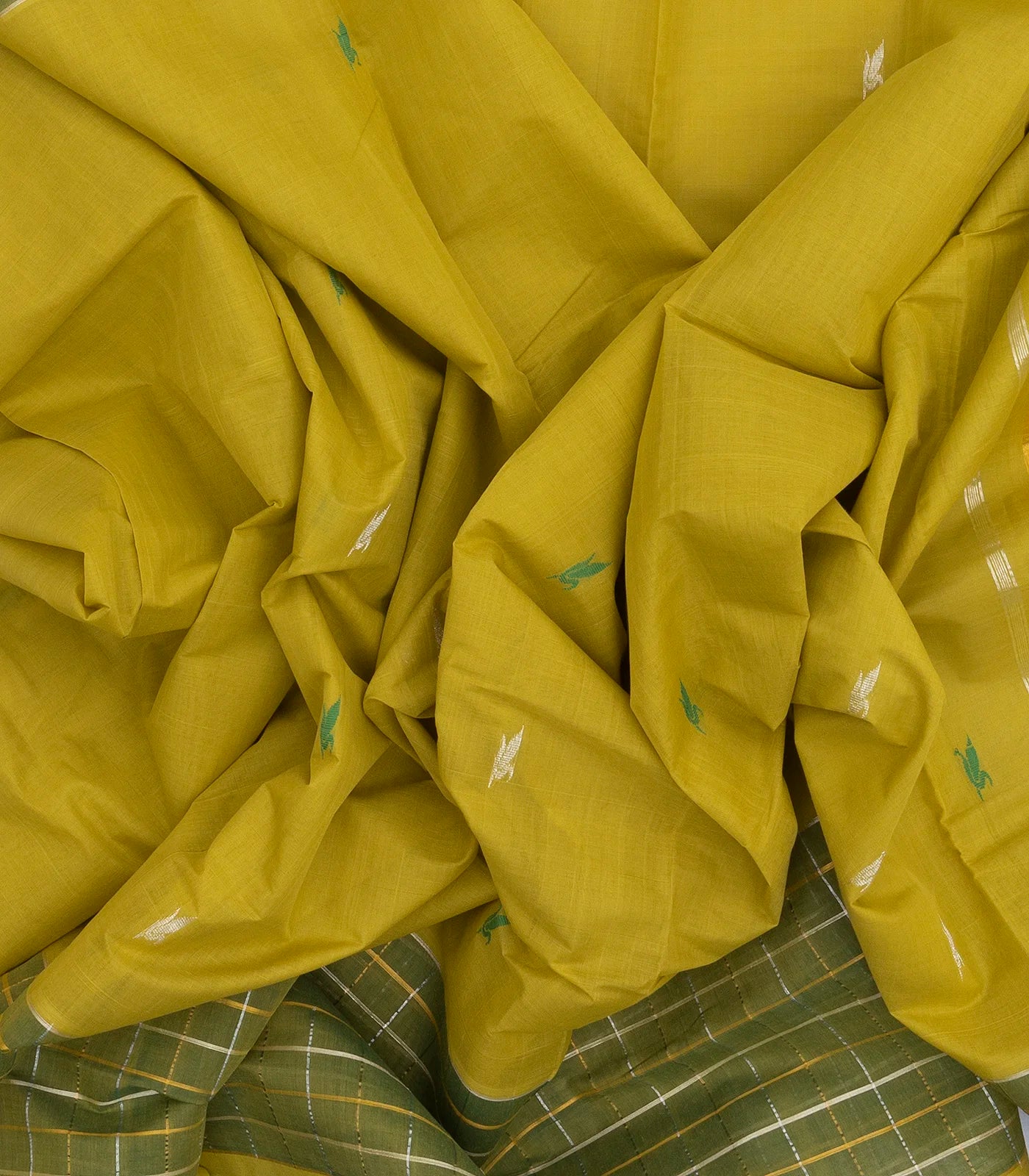 Olive Green Handloom Venkatagiri Cotton Saree With Checked Border