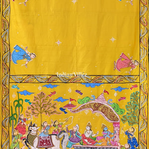 Yellow Mathura Vijay Pattachitra on Mulberry Silk Saree