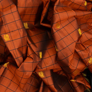 Rust Handloom Kanchipuram Korvai Silk Saree With Checks & Buttas