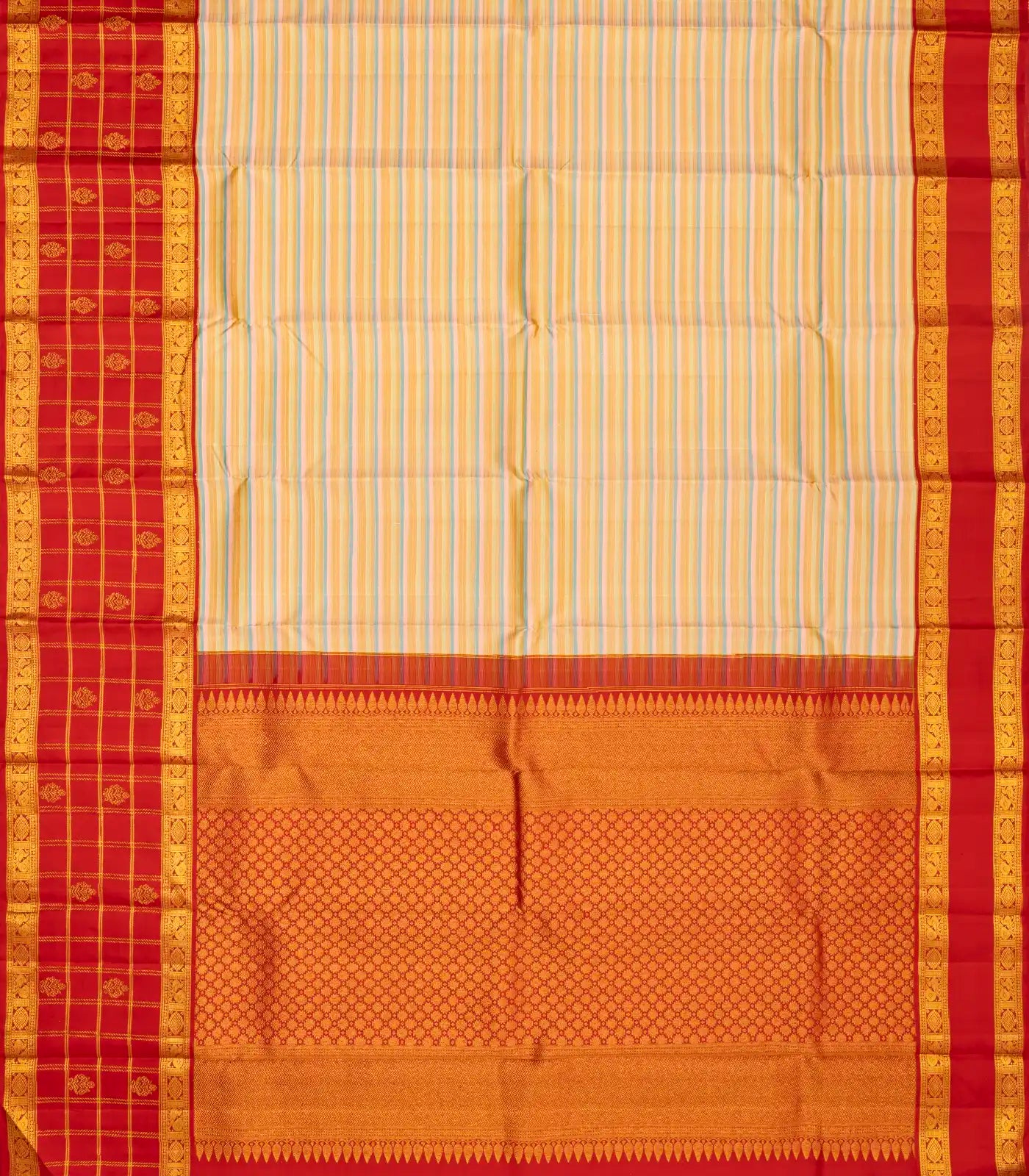 Multi Color Handloom Kanchipuram Korvai Silk Saree With Stripes