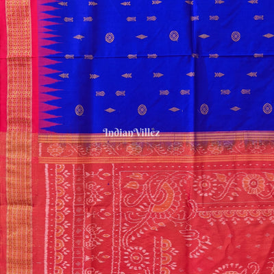 Blue Red Fish Motif Sambalpuri Silk Saree with Tissue Anchal