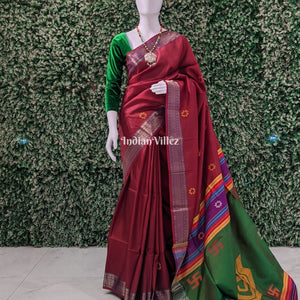 Maroon Green Dual Tone Handwoven Soft Silk Saree