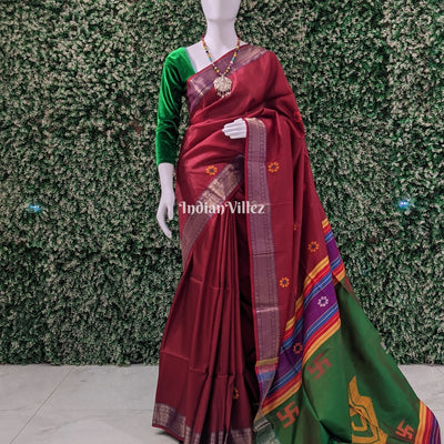 Maroon Green Dual Tone Handwoven Soft Silk Saree