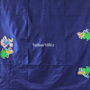 Navy Blue Nartaki Theme Hand-Painted Pattachitra Saree