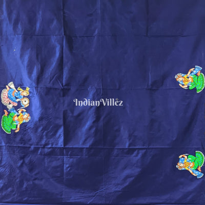 Navy Blue Nartaki Theme Hand-Painted Pattachitra Saree