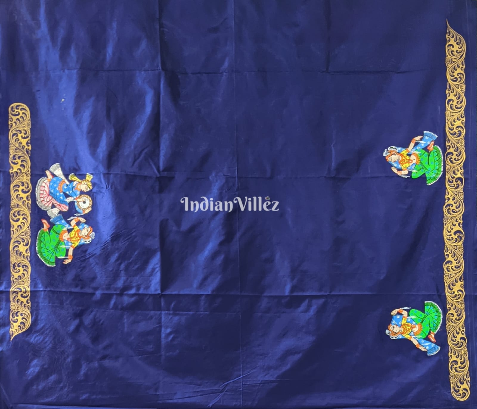 Navy Blue Nartaki Theme Hand-Painted Pattachitra Saree