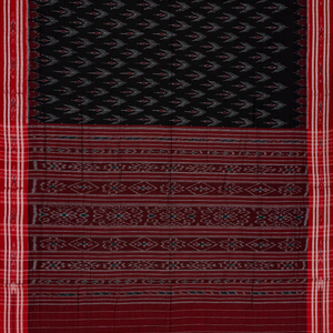 Black Orissa Cotton Saree With Tie & Dye Motifs & Contrast Red Border