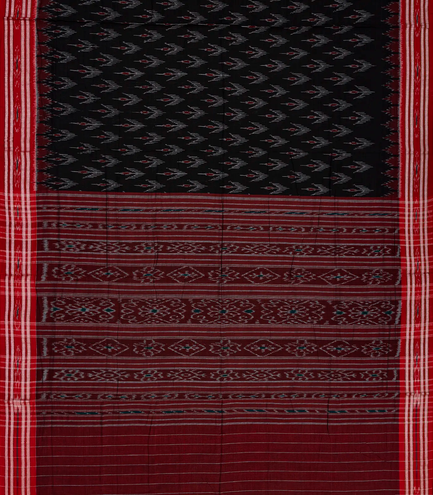 Black Orissa Cotton Saree With Tie & Dye Motifs & Contrast Red Border