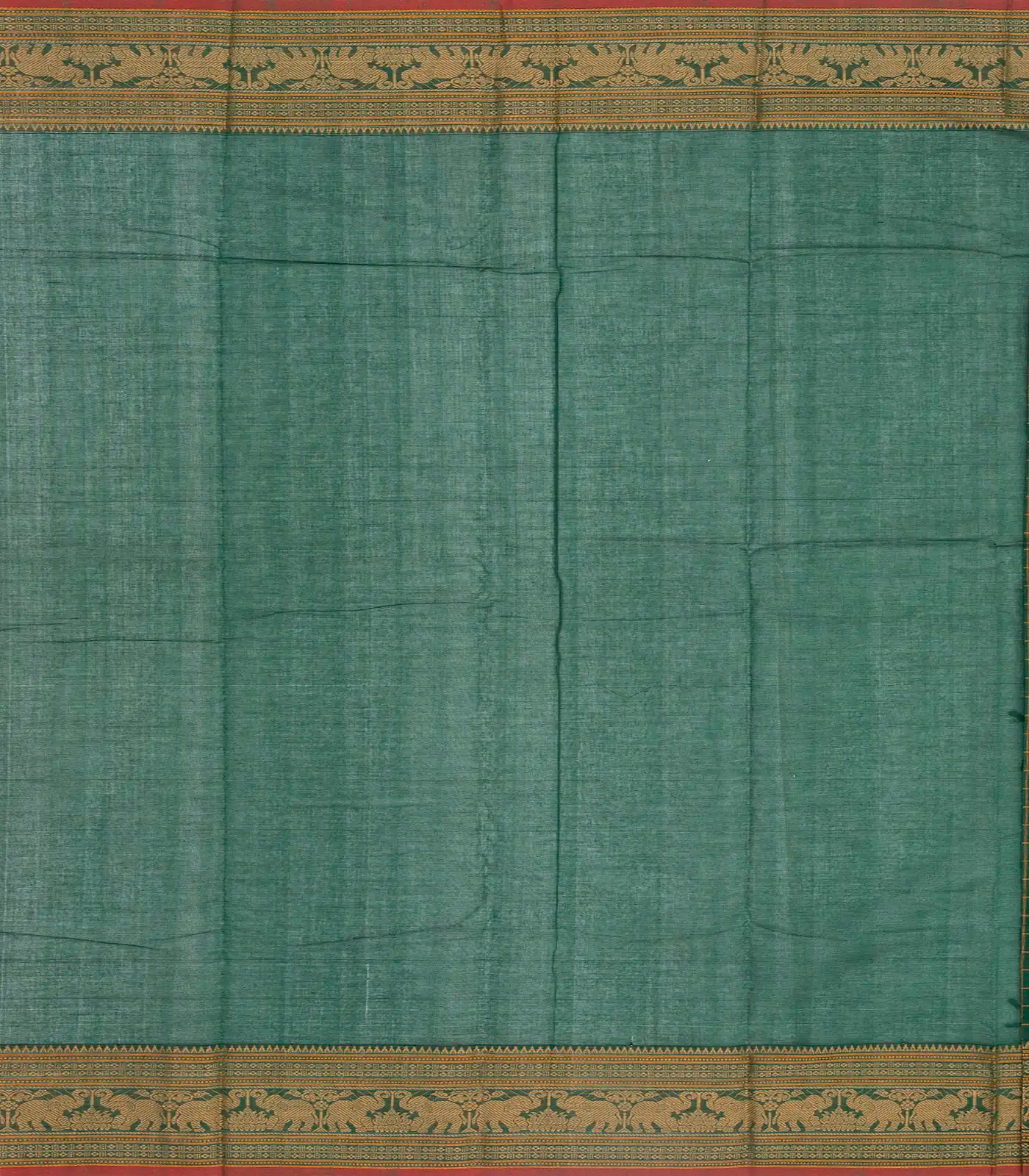 Dark Green Handloom Kanchi Cotton Saree With Checks & Chakaram Motifs.