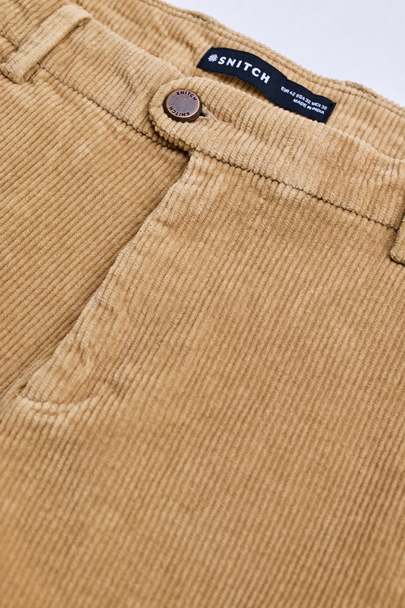 Beige Corduroy Slim Fit Trousers