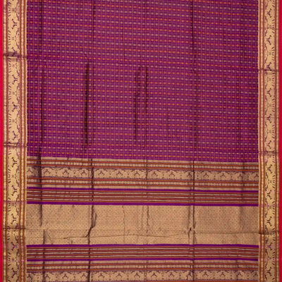 Purple Handloom Silk Cotton Saree With Checks & Kamalam Motifs