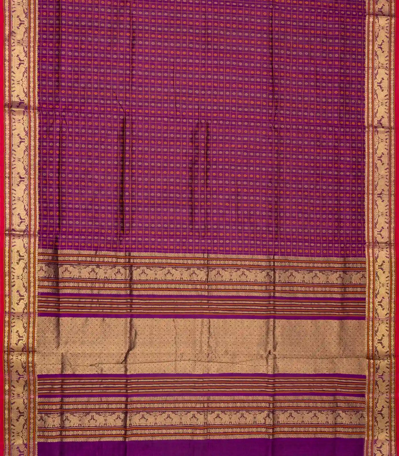 Purple Handloom Silk Cotton Saree With Checks & Kamalam Motifs