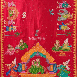 Red Doli Barat Theme Pattachitra Art on Pure Mulberry Silk Saree