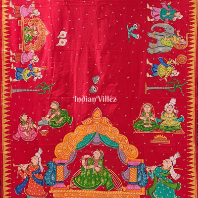 Red Doli Barat Theme Pattachitra Art on Pure Mulberry Silk Saree
