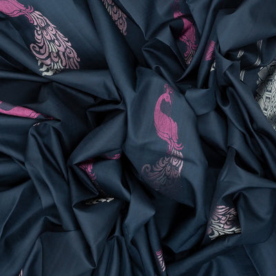 Navy Blue Handloom Kanchipuram Silk Saree With Peacock Buttas