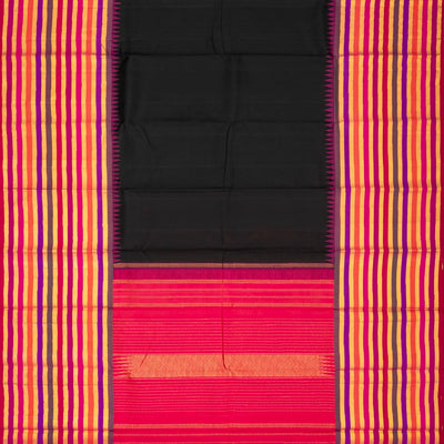 Black Handloom Kanchipuram Korvai Silk Saree With Multi Stripe Border