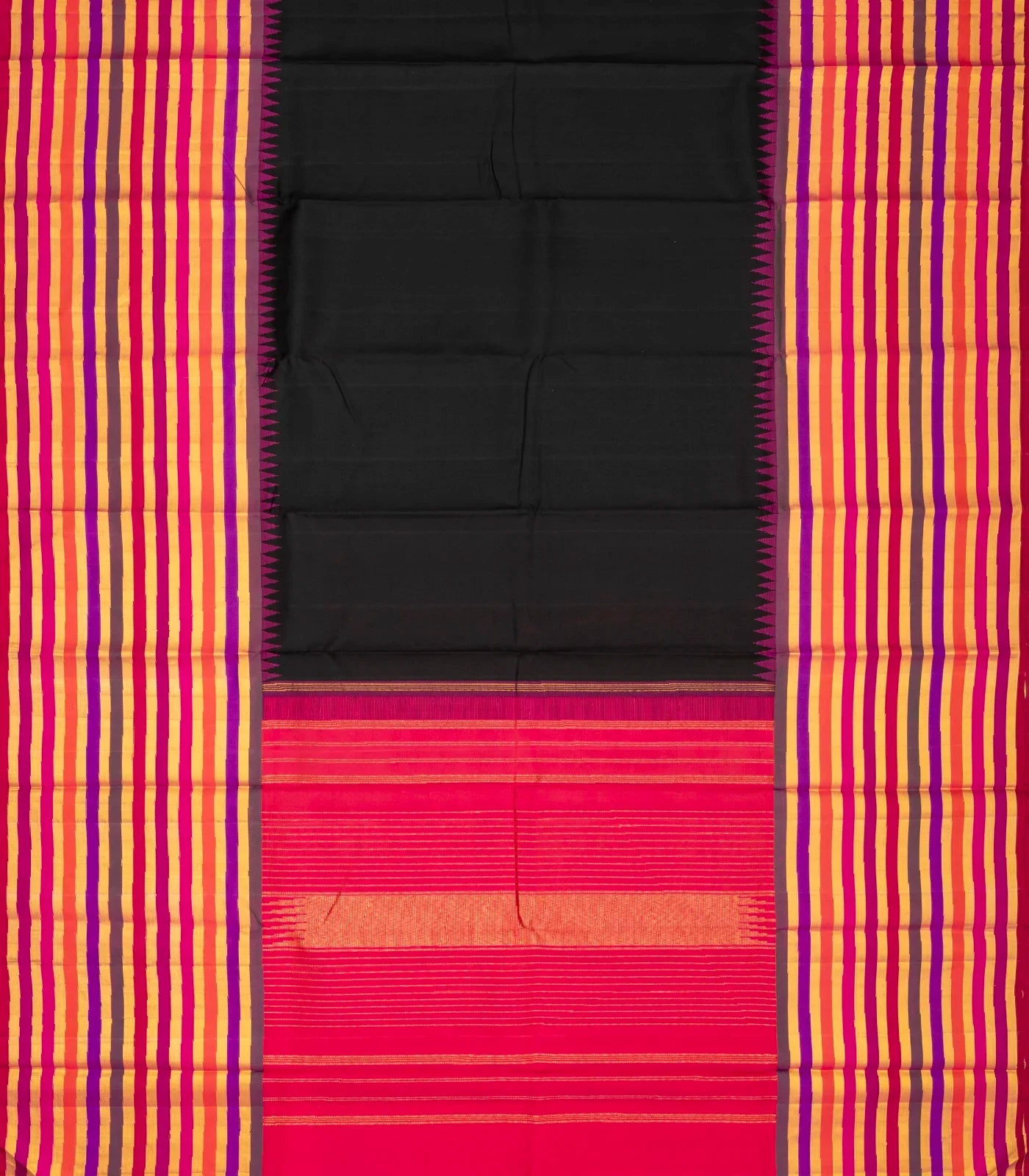Black Handloom Kanchipuram Korvai Silk Saree With Multi Stripe Border