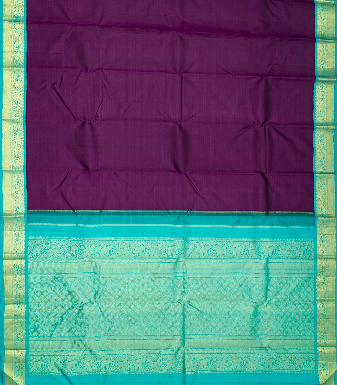 Purple Handloom Korvai Kanchipuram Silk Saree With Turquoise Border
