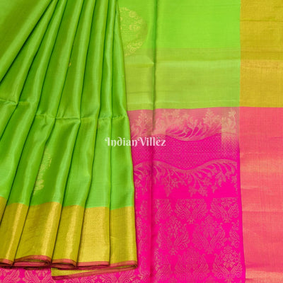 Parrot Green Pink South Handloom Kanjivaram Soft Silk Saree