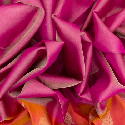 Pink Handloom Uppada Plain Silk Saree With Floral Motifs in Orange Border
