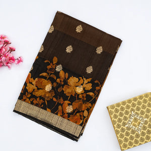 Black & Mustard Handloom Tussar Silk Saree With Floral  Motifs