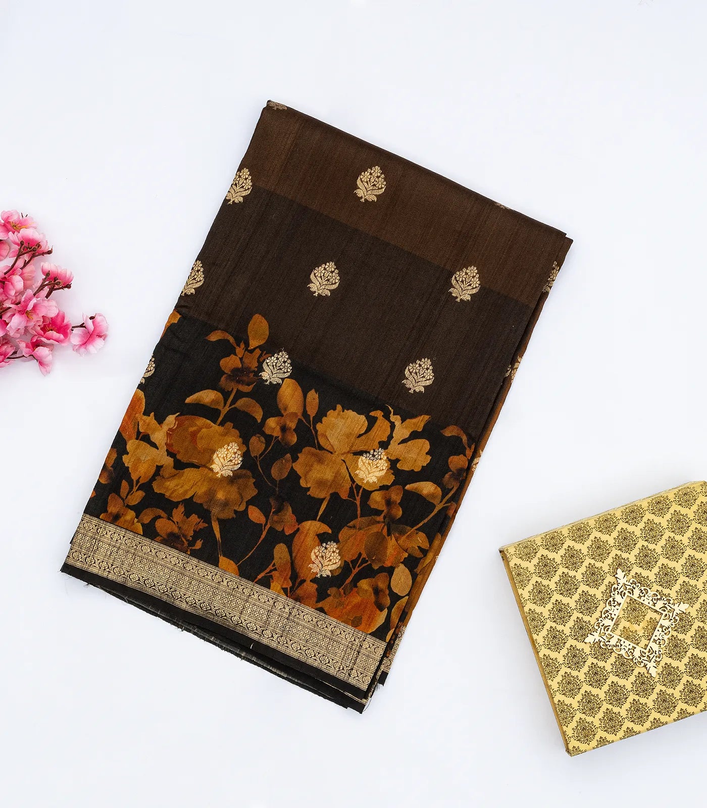 Black & Mustard Handloom Tussar Silk Saree With Floral  Motifs