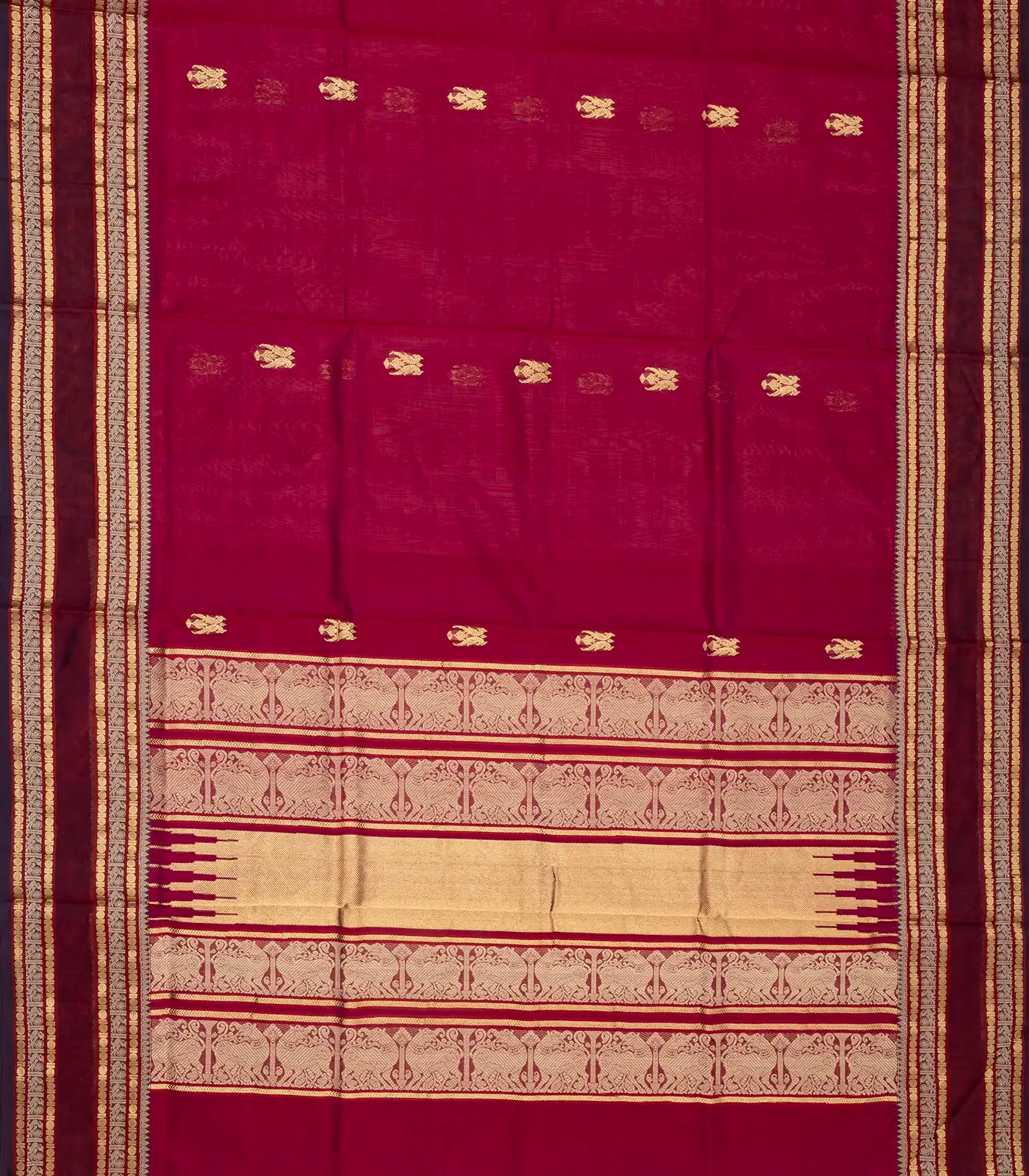 Pink Handloom Silk Cotton Saree With Parrot Buttas