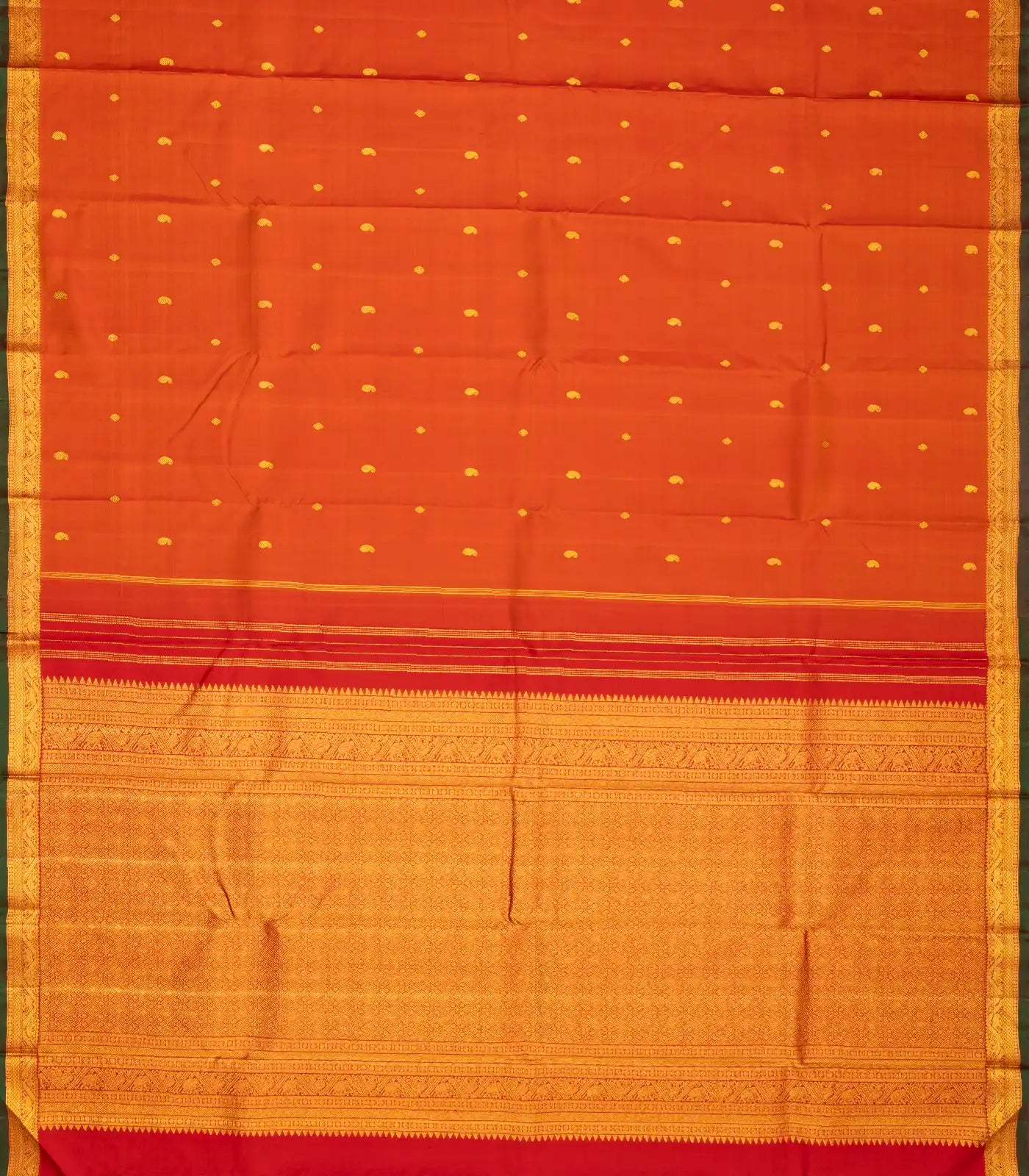 Orange Handloom Kanchipuram Silk Saree With Mango Buttas
