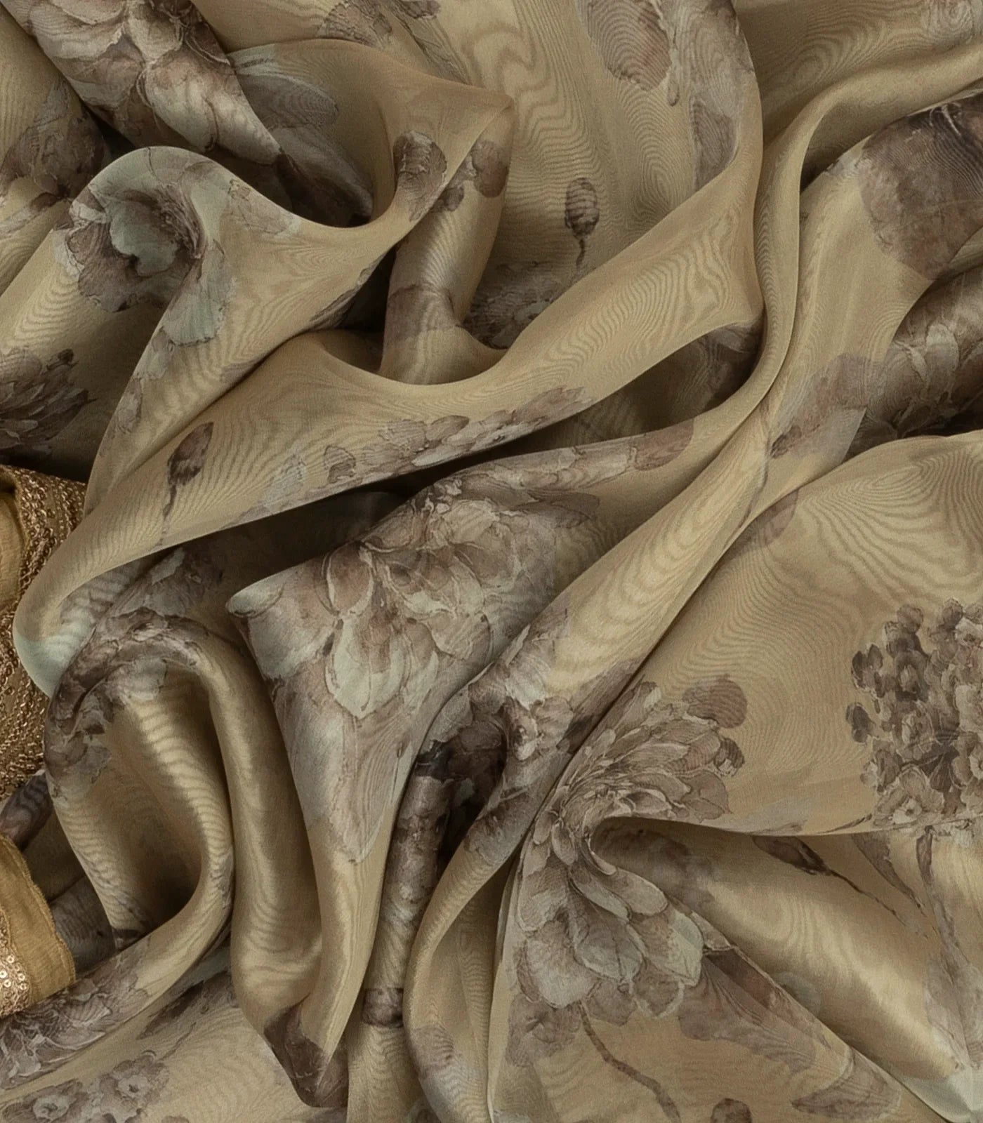 Taupe Woven Organza Saree With Floral Print & Embroidery