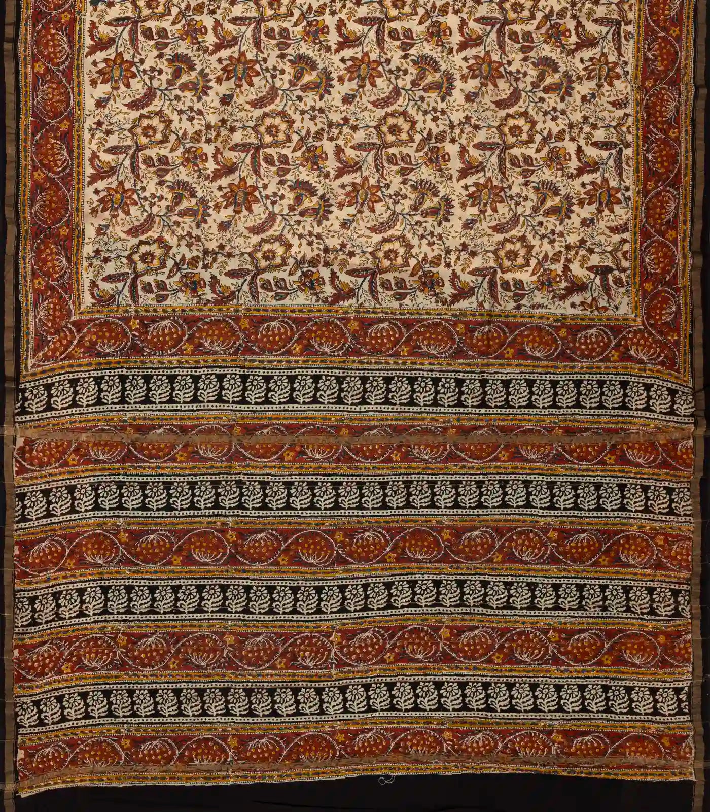 Cream Handloom Chanderi Cotton Saree With Printed Crimson Floral Motif