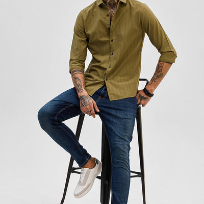 Olive Slim Fit Stripes Shirt