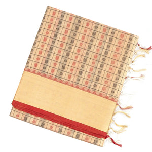 Cream Handloom Silk Cotton Saree With Checks & Annam Motifs