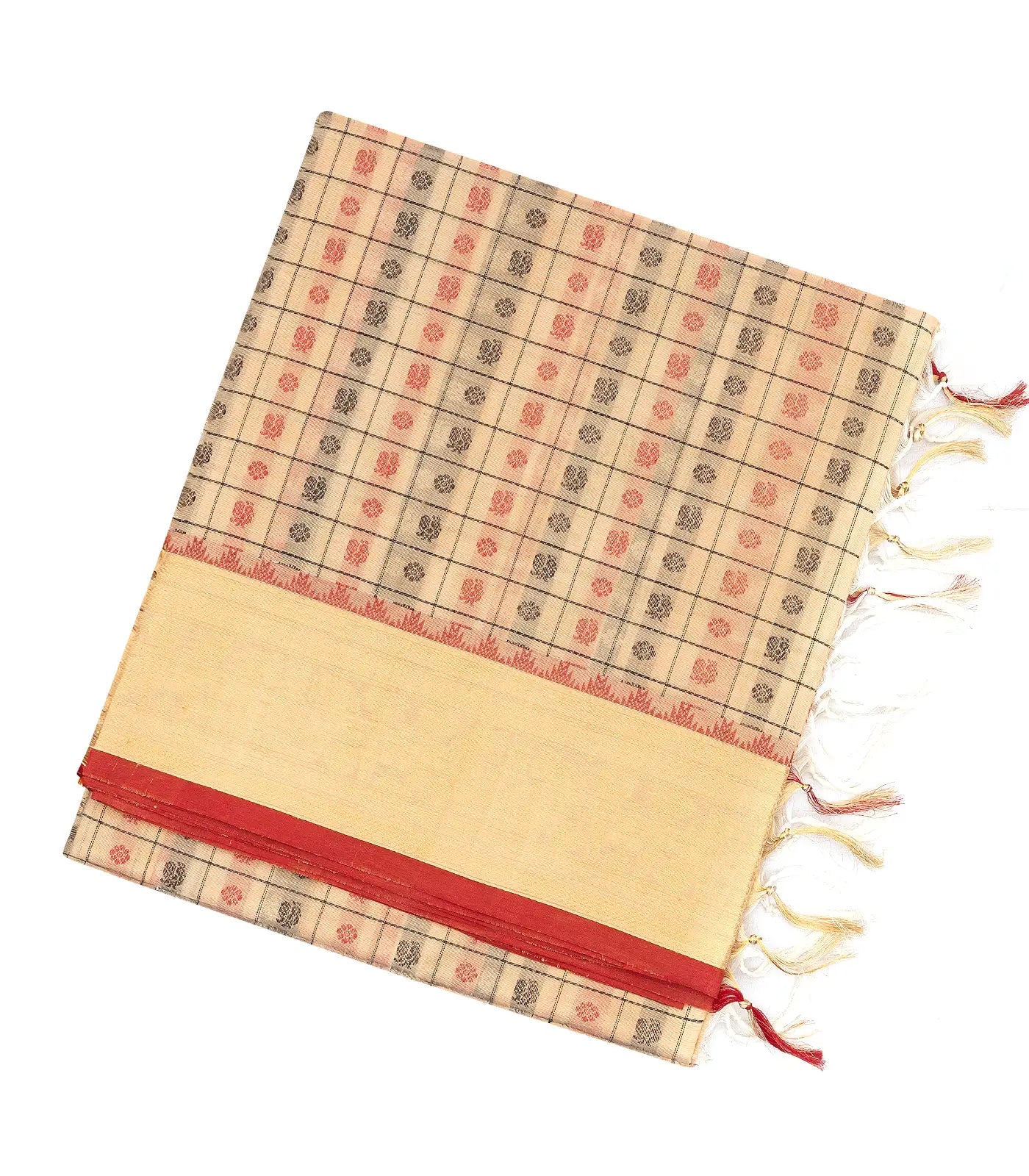 Cream Handloom Silk Cotton Saree With Checks & Annam Motifs
