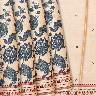 Light Peach Handwoven Printed Tussar Silk Saree With Floral Motifs-Light Peach