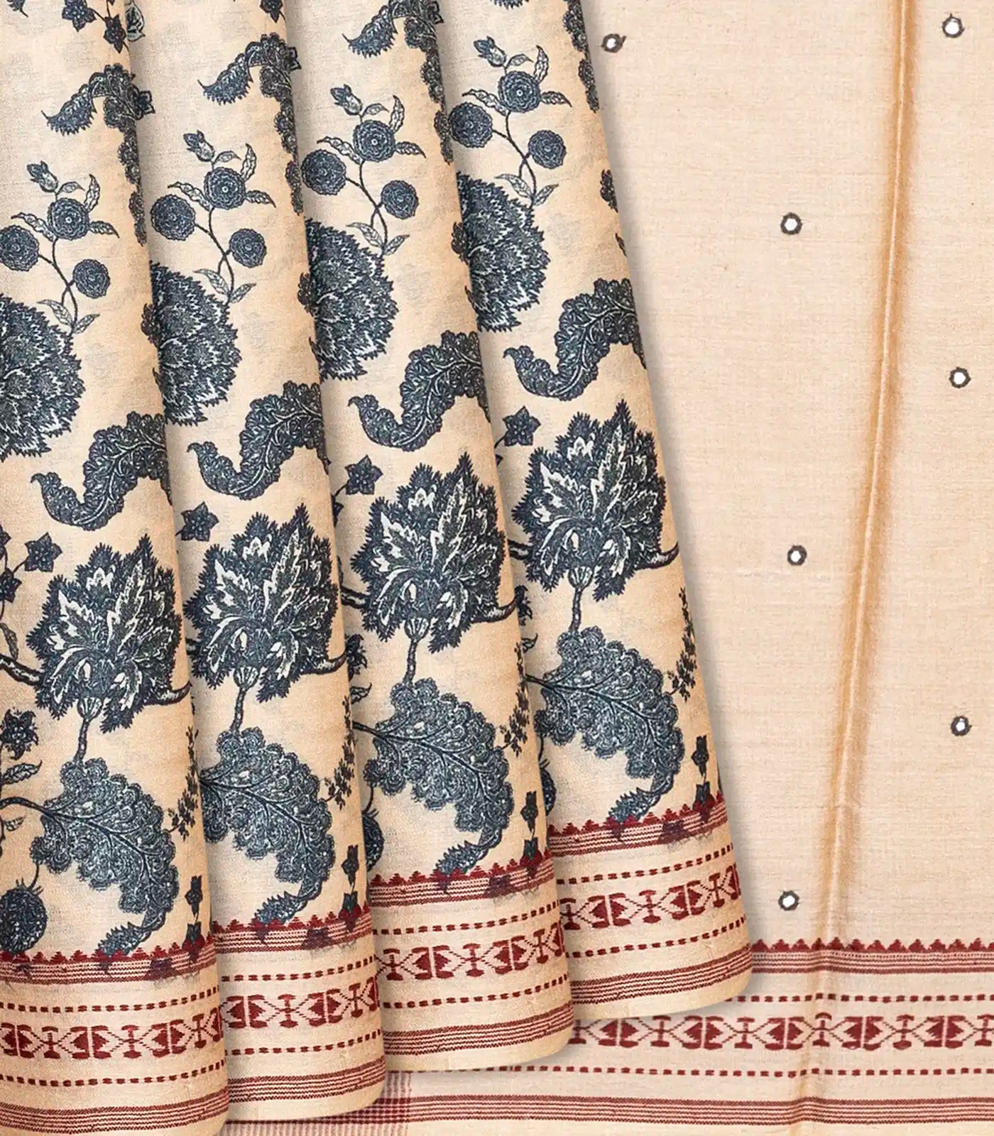 Light Peach Handwoven Printed Tussar Silk Saree With Floral Motifs-Light Peach