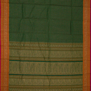 Dark Green Handloom Kanchi Cotton Saree With Checks & Square Motifs