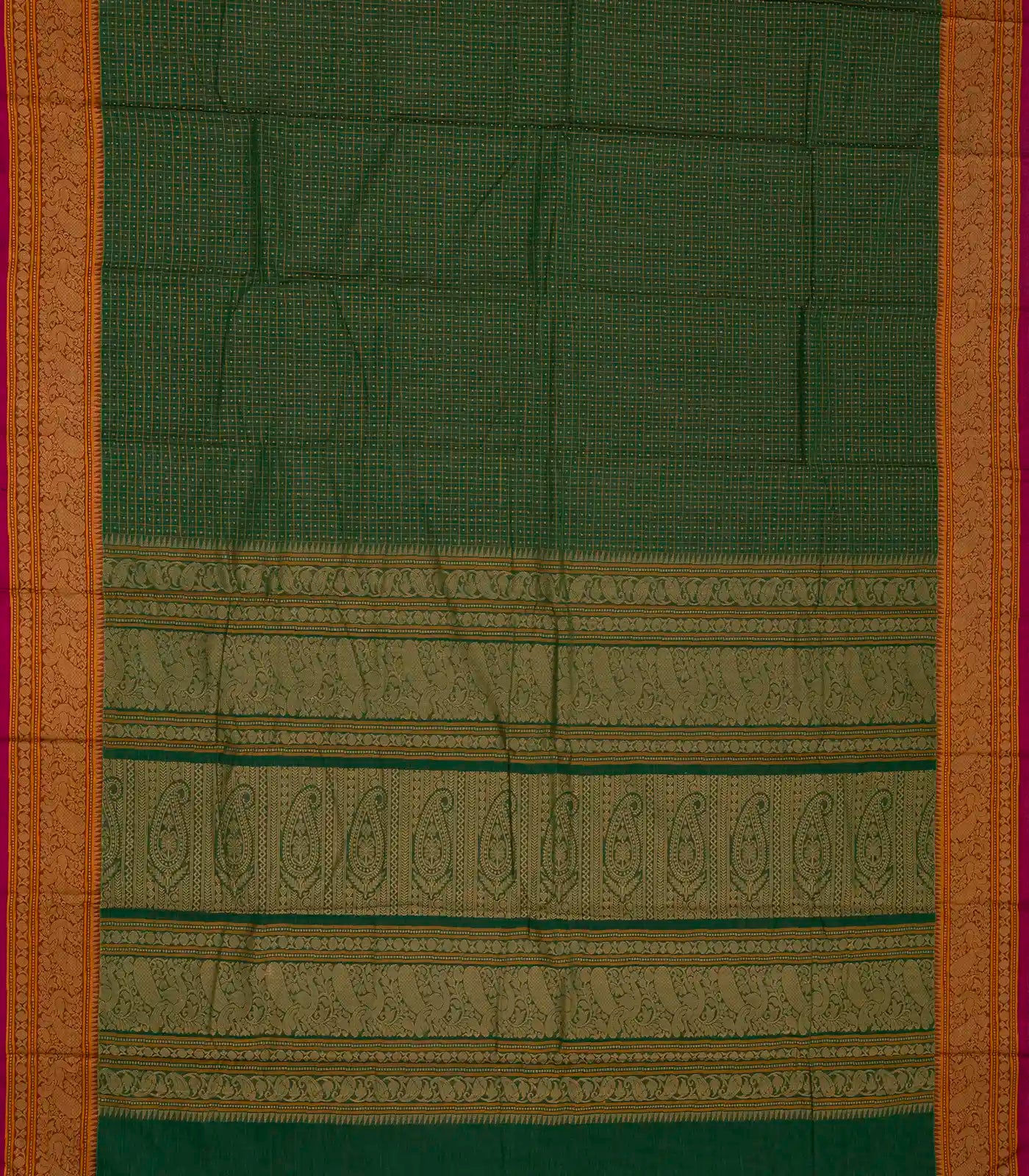 Dark Green Handloom Kanchi Cotton Saree With Checks & Square Motifs