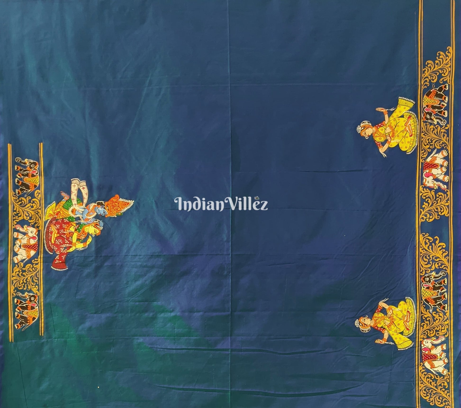 Peacock Green Dual Tone Kandarpa Hasti Hand-Painted Pattachitra Saree