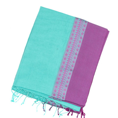 Turquoise Handloom Plain Bengal Cotton Saree With Purple Border
