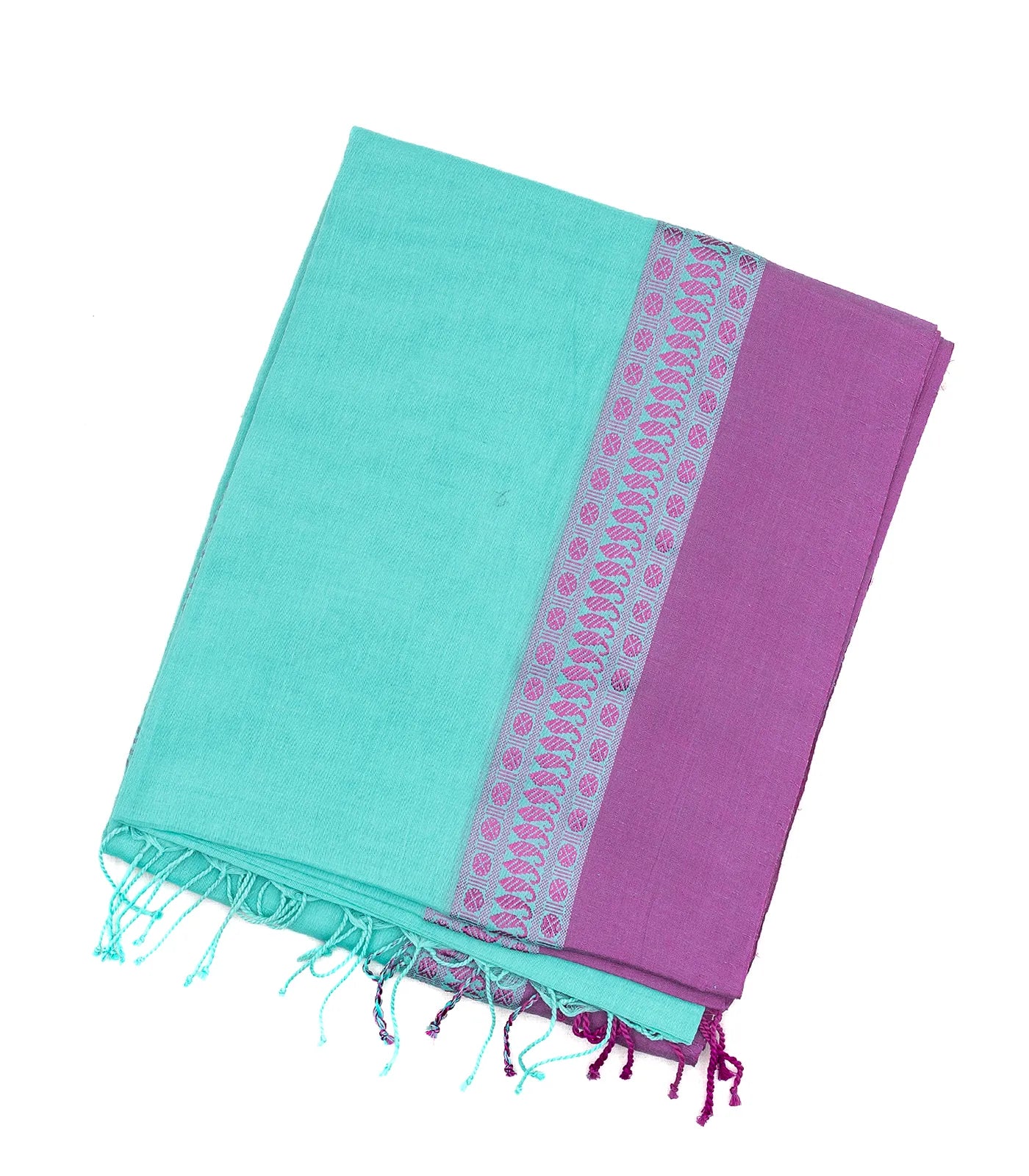 Turquoise Handloom Plain Bengal Cotton Saree With Purple Border