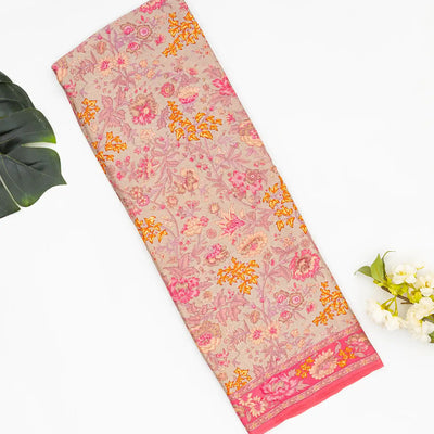 Grey Woven Digital Printed Satin Silk Saree With Floral Motifs