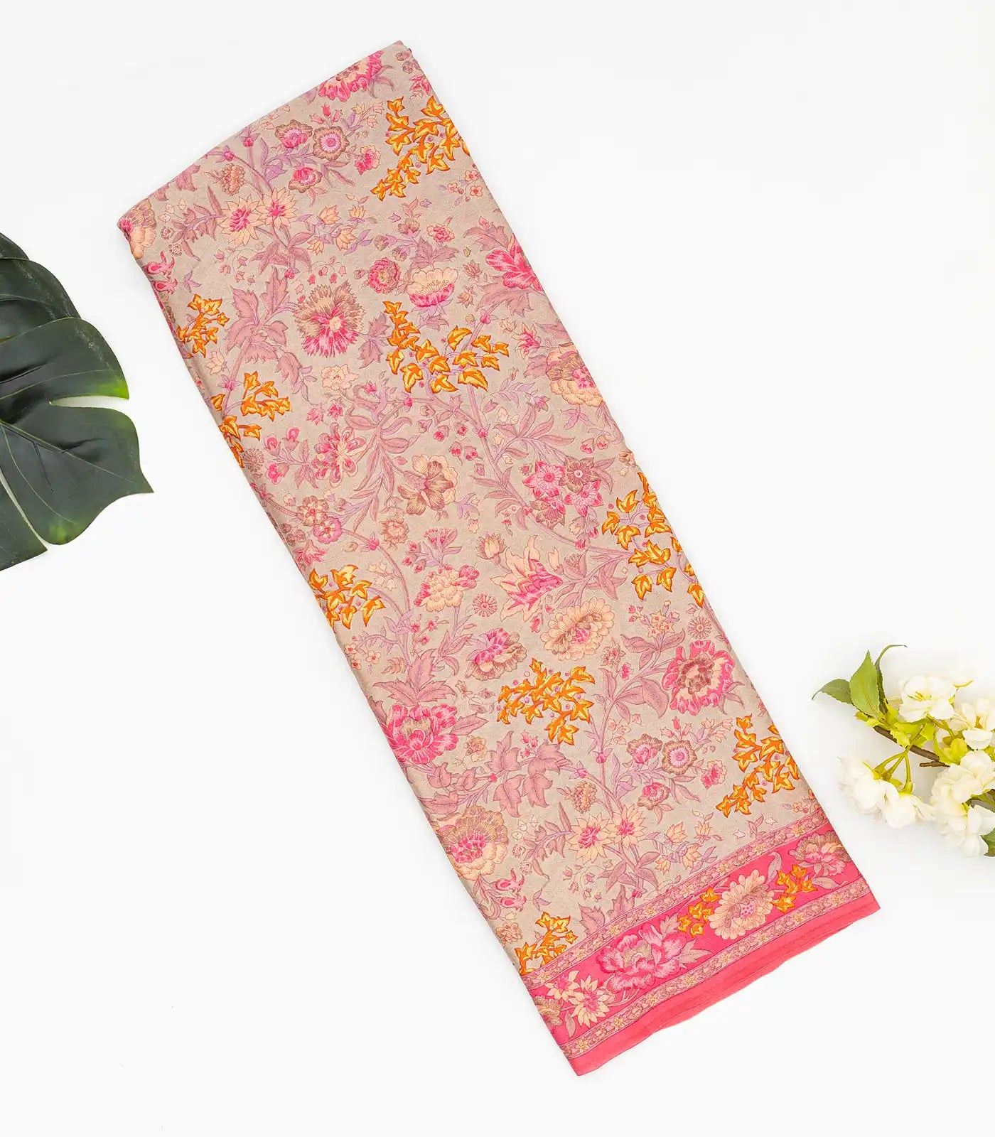 Grey Woven Digital Printed Satin Silk Saree With Floral Motifs